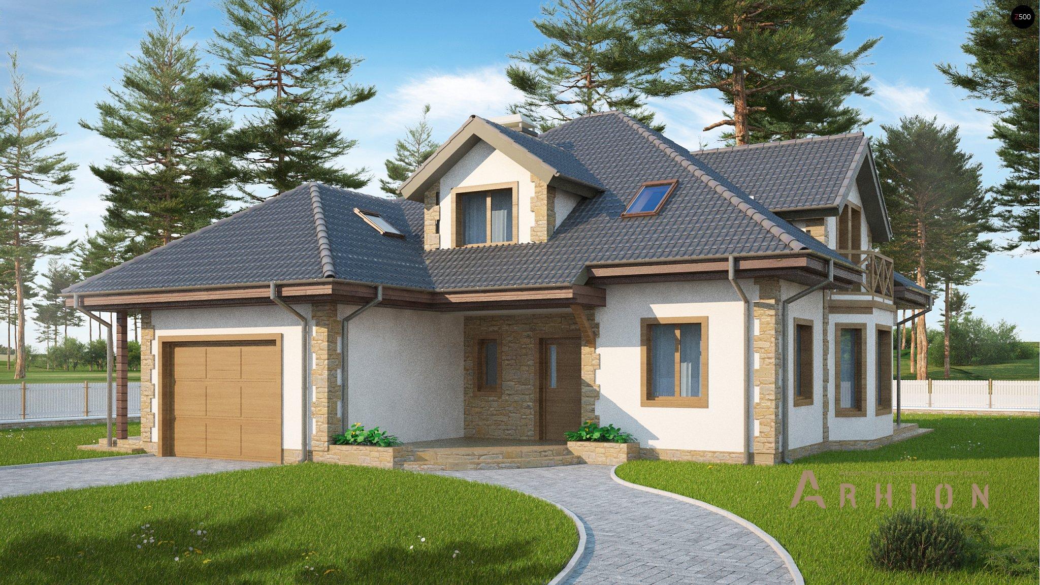 1. Проект одноэтажного дома в европейском стиле с четырехскатной, Z58 z blk, площадью - 243 кв c мансардой, терассой, гаражом, эркером